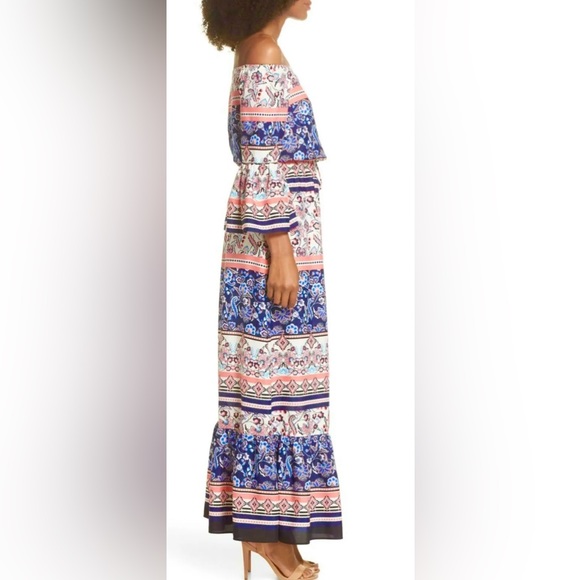 Eliza J Off Shoulder 1/2 Bell Sleeves Floral Paisley Maxi Dress w Tie Waist - Picture 5 of 9